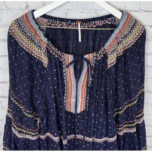FREE PEOPLE Talia Embroidered Blouse Colorful Boho Oversized Size Medium Women’s - Picture 4 of 9
